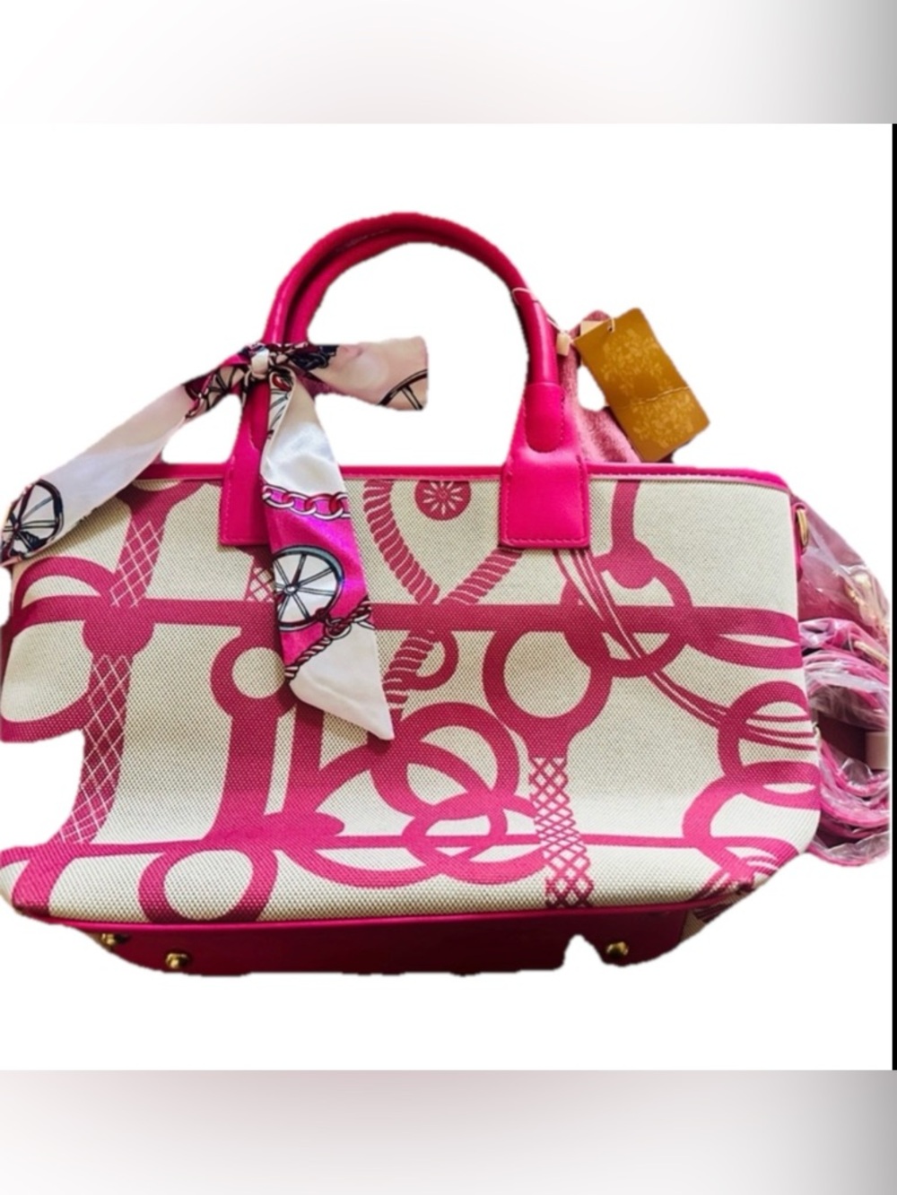 Pink Patterned Canvas Tote Bag with Scarf Accent